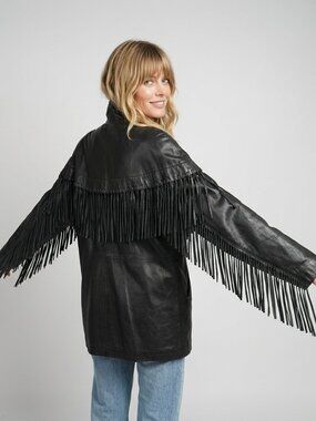 Vintage Black Fringe Lambskin Leather Jacket 1980s Couture VAKKO Coat